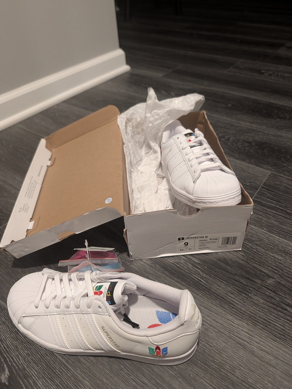 Adidas White Superstar Sneakers with Multicolor Logos - Picture 2 of 11